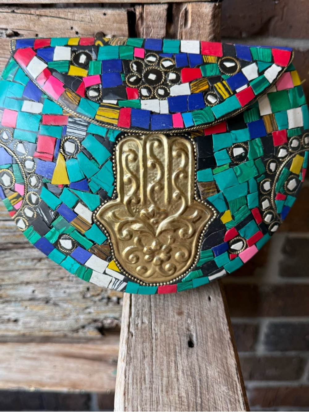 Ramla Handmade in Morocco Mosaic Tile Hamsa Crossbody Clutch Bag Multicolor